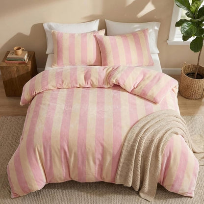 Pink Striped Comforter Set King Size Luxury Velvet Comforter Set Cozy Reversible Fleece Soft & Warm Fluffy Flannel Bedding Blush Yellow Stripes Pattern King Bed Set 3 Pcs with Pillowcases