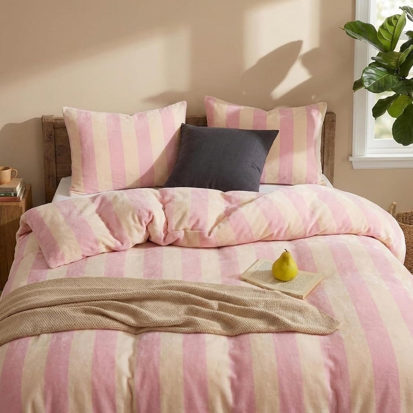 Pink Striped Comforter Set King Size Luxury Velvet Comforter Set Cozy Reversible Fleece Soft & Warm Fluffy Flannel Bedding Blush Yellow Stripes Pattern King Bed Set 3 Pcs with Pillowcases