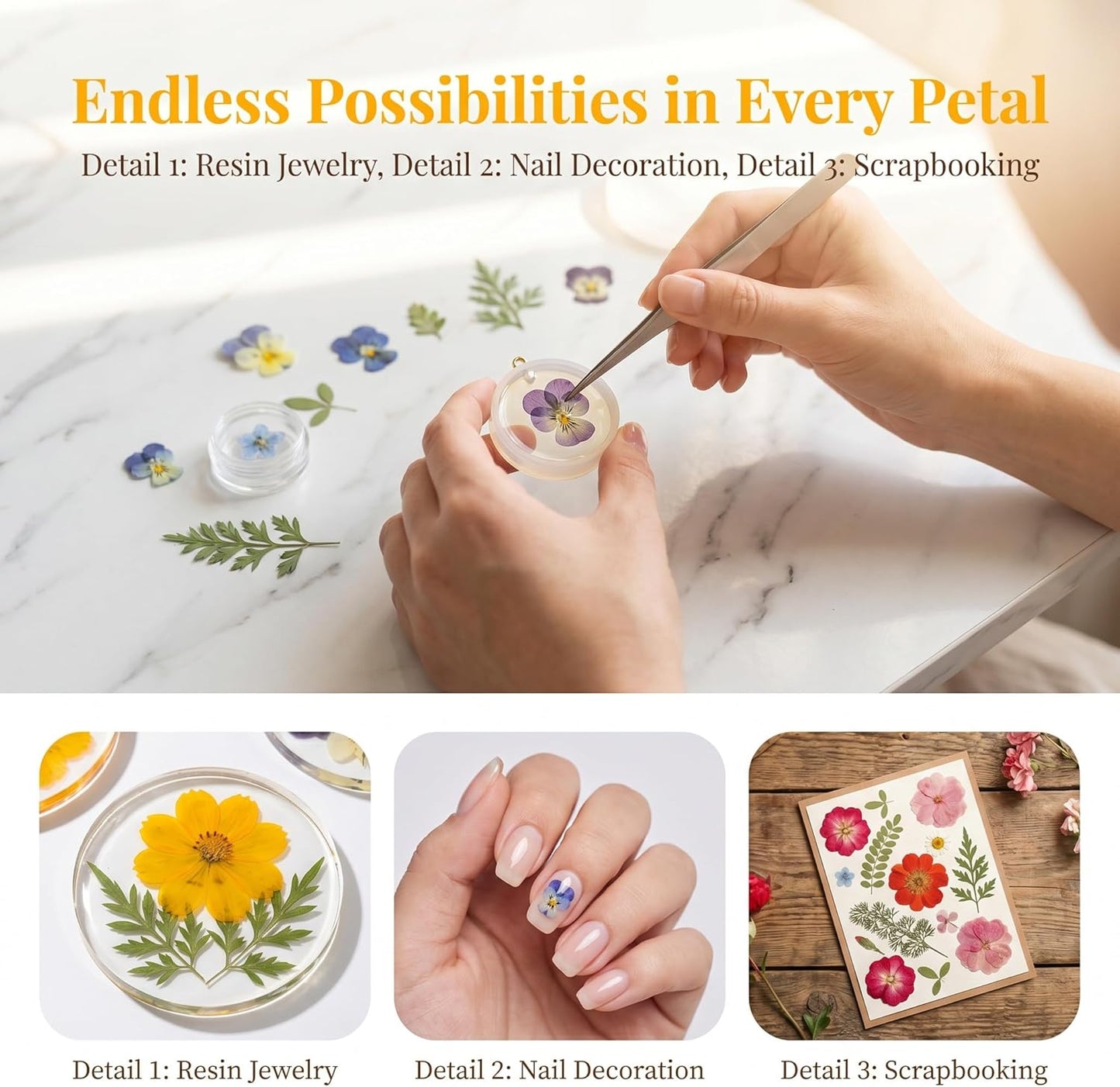 36Pcs Pressed Dried Flowers Kit – Includes Sulphur Cosmos, Pansy & Green Leaves – Real Natural Dry Floral for Cake Decorations Topper Resin Jewelry, Nail Art, Epoxy Molds, Scrapbooking, DIY Crafts
