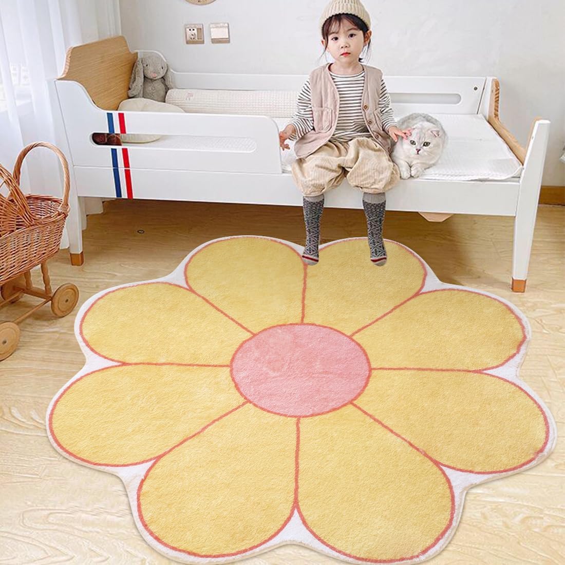 Flower Shaped Area Rug, Soft Floral Washable Round Rug - 39.4" Yellow