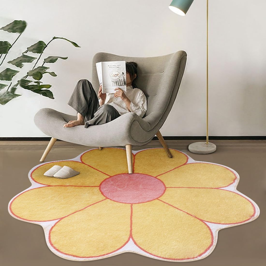 Flower Shaped Area Rug, Soft Floral Washable Round Rug - 39.4" Yellow