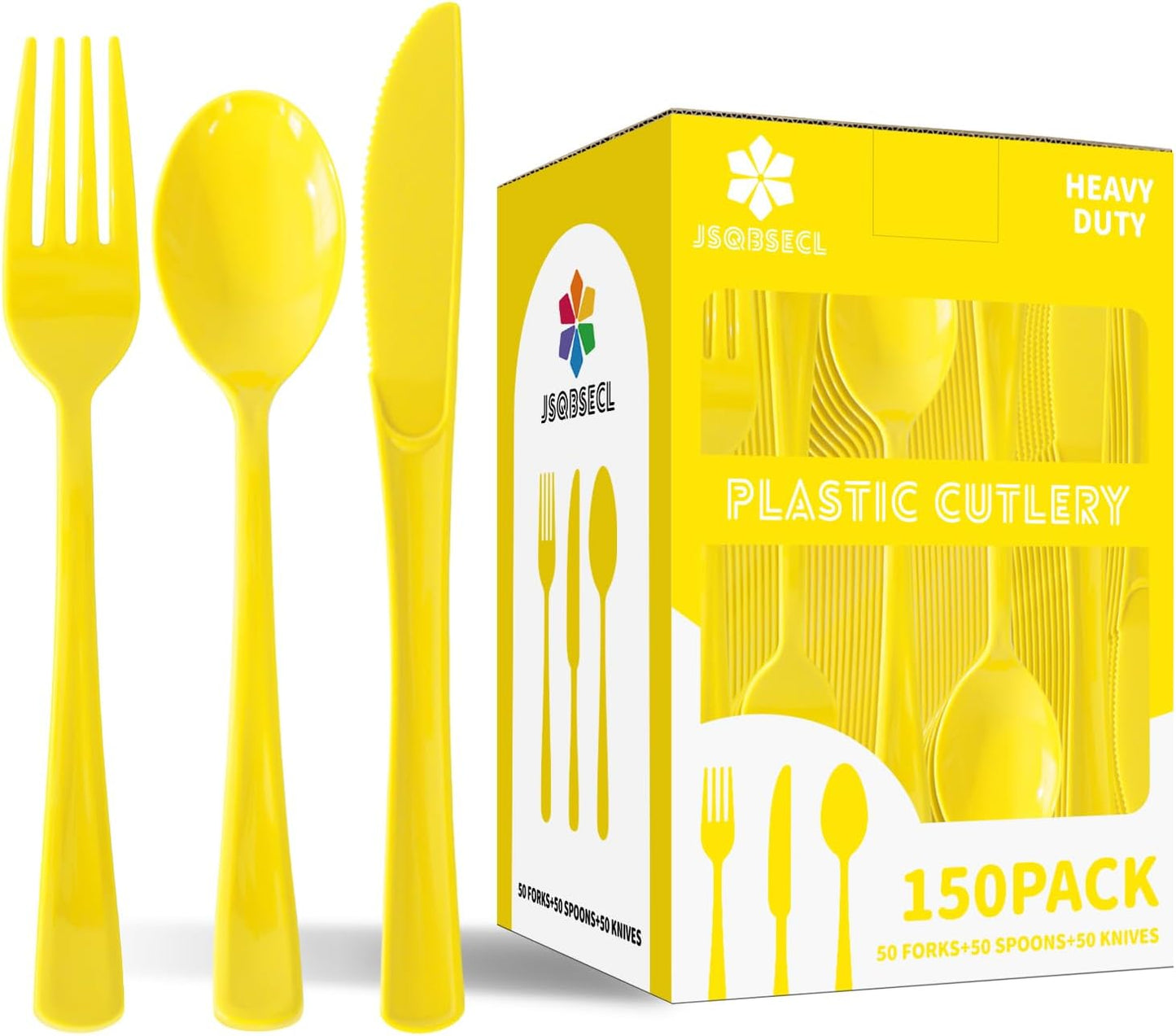150 Pack Plastic Silverware,Disposable Cutlery Set Heavy Duty Utensil Sets 50 Forks 50 Knives 50 Spoons for Brithday, Wedding,Home School Party Picnics Restaurant Outdoor Events (Yellow)