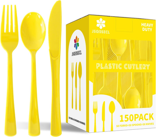 150 Pack Plastic Silverware,Disposable Cutlery Set Heavy Duty Utensil Sets 50 Forks 50 Knives 50 Spoons for Brithday, Wedding,Home School Party Picnics Restaurant Outdoor Events (Yellow)