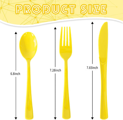 150 Pack Plastic Silverware,Disposable Cutlery Set Heavy Duty Utensil Sets 50 Forks 50 Knives 50 Spoons for Brithday, Wedding,Home School Party Picnics Restaurant Outdoor Events (Yellow)
