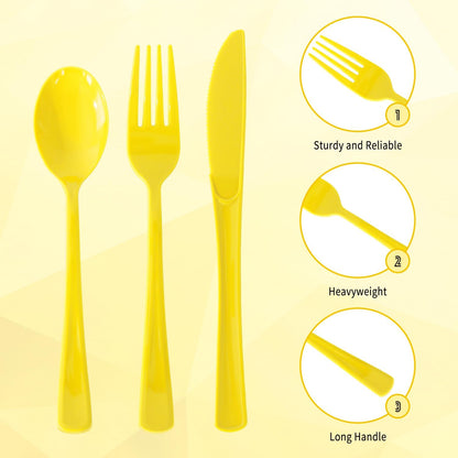 150 Pack Plastic Silverware,Disposable Cutlery Set Heavy Duty Utensil Sets 50 Forks 50 Knives 50 Spoons for Brithday, Wedding,Home School Party Picnics Restaurant Outdoor Events (Yellow)