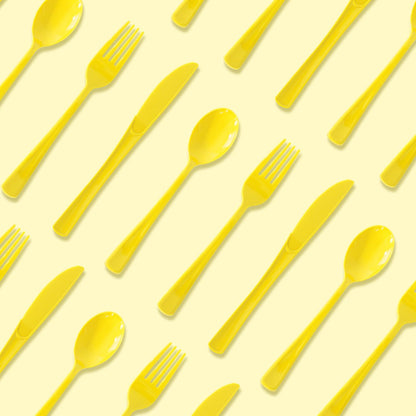 150 Pack Plastic Silverware,Disposable Cutlery Set Heavy Duty Utensil Sets 50 Forks 50 Knives 50 Spoons for Brithday, Wedding,Home School Party Picnics Restaurant Outdoor Events (Yellow)