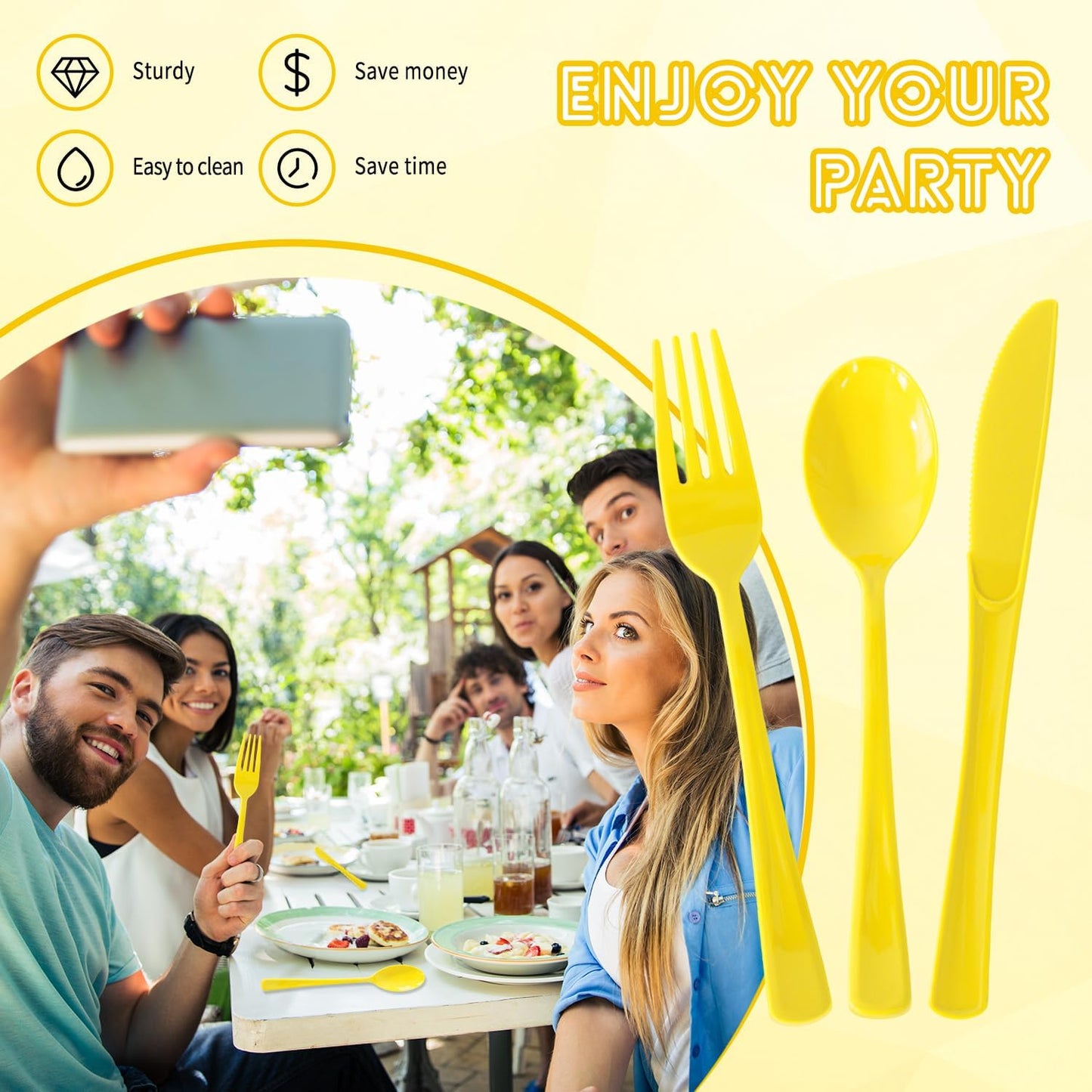 150 Pack Plastic Silverware,Disposable Cutlery Set Heavy Duty Utensil Sets 50 Forks 50 Knives 50 Spoons for Brithday, Wedding,Home School Party Picnics Restaurant Outdoor Events (Yellow)