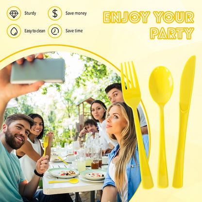 150 Pack Plastic Silverware,Disposable Cutlery Set Heavy Duty Utensil Sets 50 Forks 50 Knives 50 Spoons for Brithday, Wedding,Home School Party Picnics Restaurant Outdoor Events (Yellow)