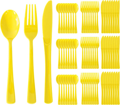 150 Pack Plastic Silverware,Disposable Cutlery Set Heavy Duty Utensil Sets 50 Forks 50 Knives 50 Spoons for Brithday, Wedding,Home School Party Picnics Restaurant Outdoor Events (Yellow)