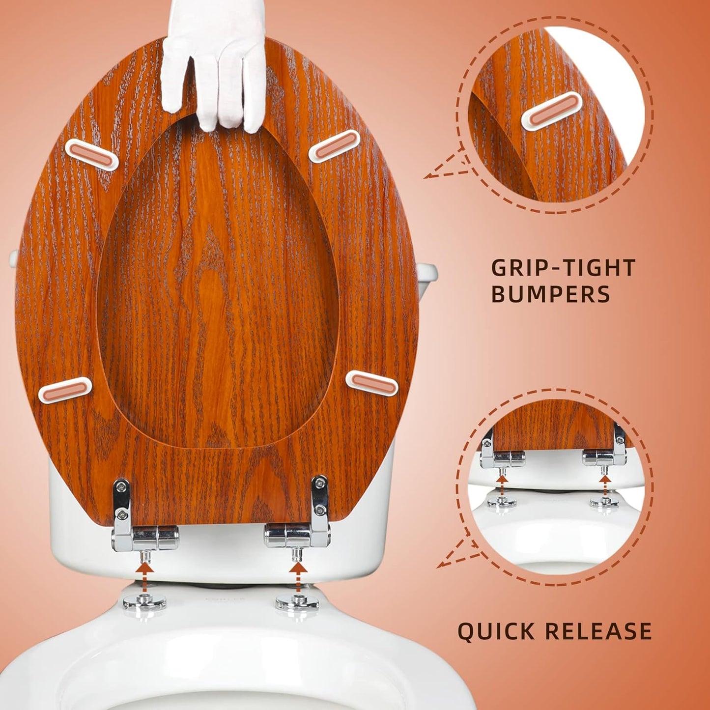 Elongated Toilet Seat Molded Wood Toilet Seat with Quietly Close and Quick Release Hinges, Easy to Install also Easy to Clean (Elongated, Brownish Yellow)