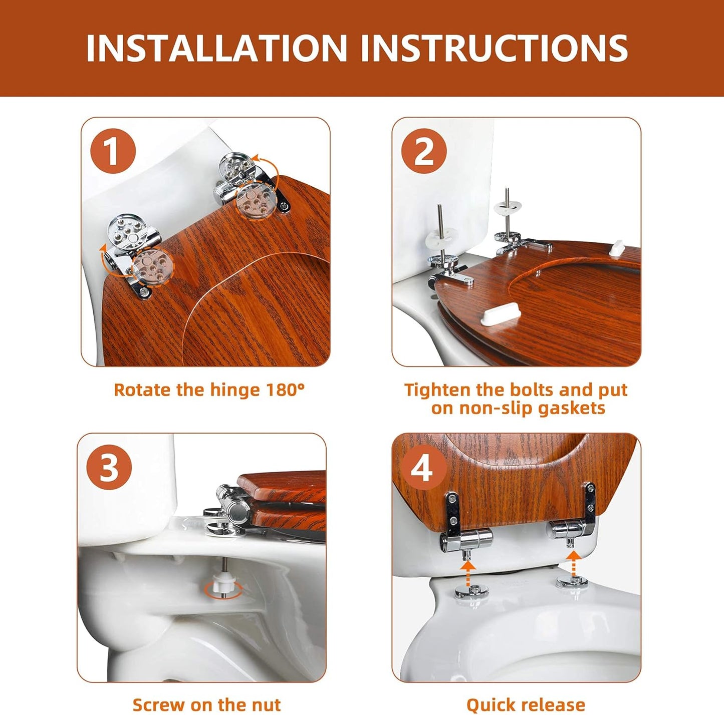 Elongated Toilet Seat Molded Wood Toilet Seat with Quietly Close and Quick Release Hinges, Easy to Install also Easy to Clean (Elongated, Brownish Yellow)