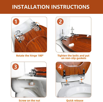 Elongated Toilet Seat Molded Wood Toilet Seat with Quietly Close and Quick Release Hinges, Easy to Install also Easy to Clean (Elongated, Brownish Yellow)