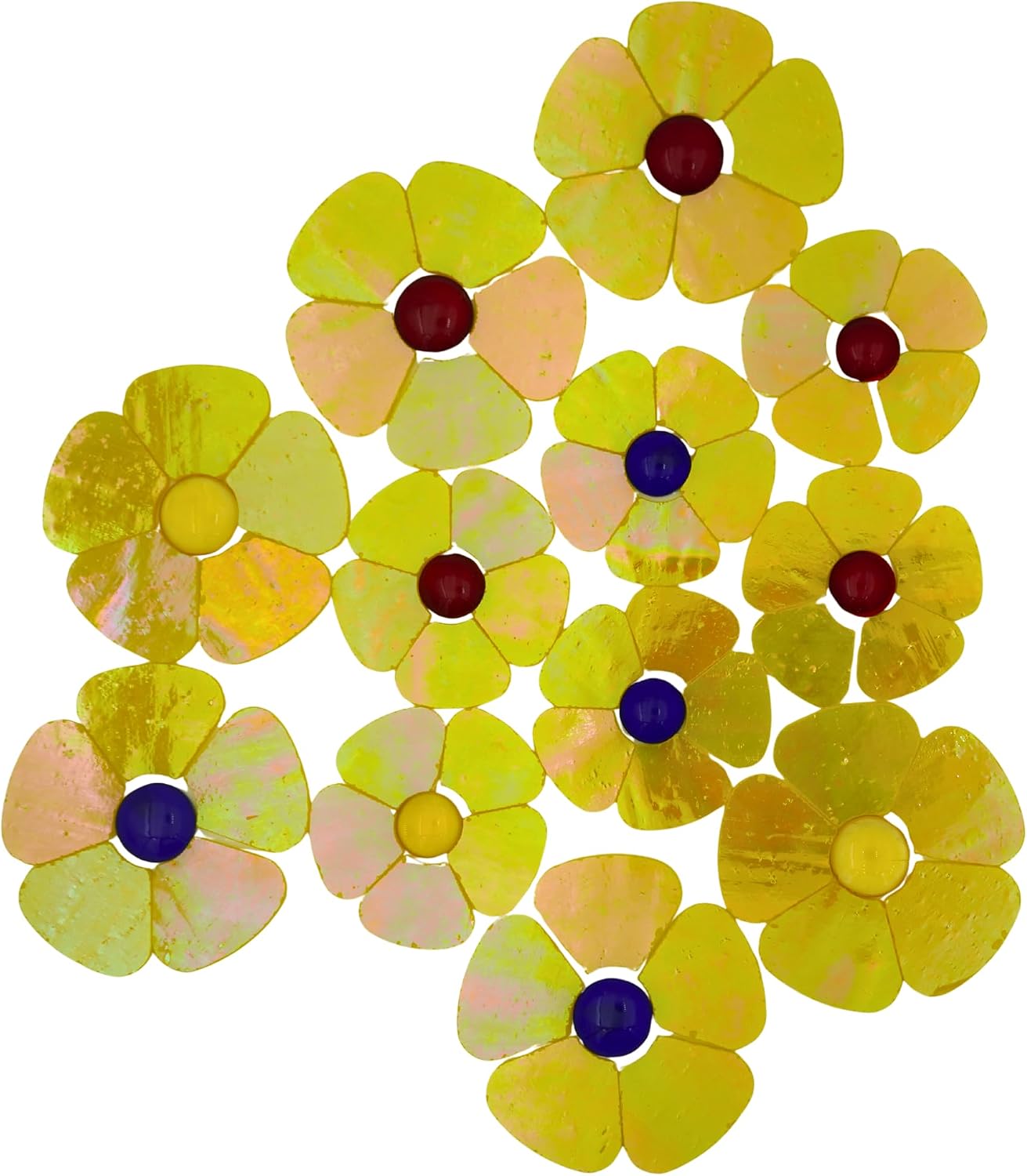 Iridescent Flower Mosaic Tiles – 12pcs Mixed Sizes, 5-Petal Iridescent Mica Flowers with Center Beads for DIY Mosaic Art, Fairy Garden, Home Craft, Outdoor Decor (Iridescent Yellow)