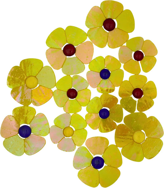 Iridescent Flower Mosaic Tiles – 12pcs Mixed Sizes, 5-Petal Iridescent Mica Flowers with Center Beads for DIY Mosaic Art, Fairy Garden, Home Craft, Outdoor Decor (Iridescent Yellow)