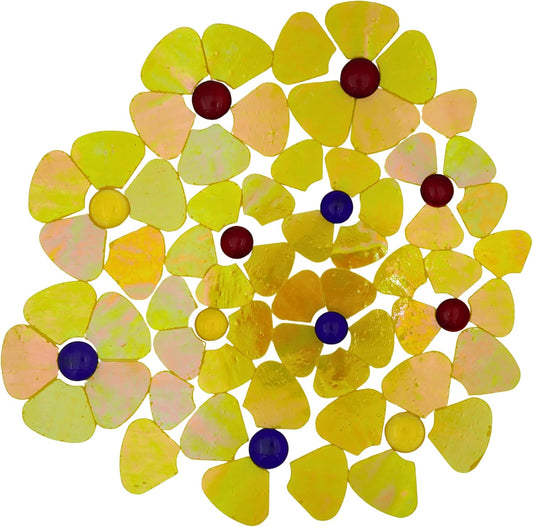 Iridescent Flower Mosaic Tiles – 12pcs Mixed Sizes, 5-Petal Iridescent Mica Flowers with Center Beads for DIY Mosaic Art, Fairy Garden, Home Craft, Outdoor Decor (Iridescent Yellow)