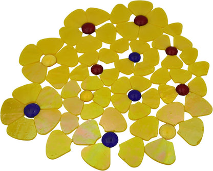 Iridescent Flower Mosaic Tiles – 12pcs Mixed Sizes, 5-Petal Iridescent Mica Flowers with Center Beads for DIY Mosaic Art, Fairy Garden, Home Craft, Outdoor Decor (Iridescent Yellow)
