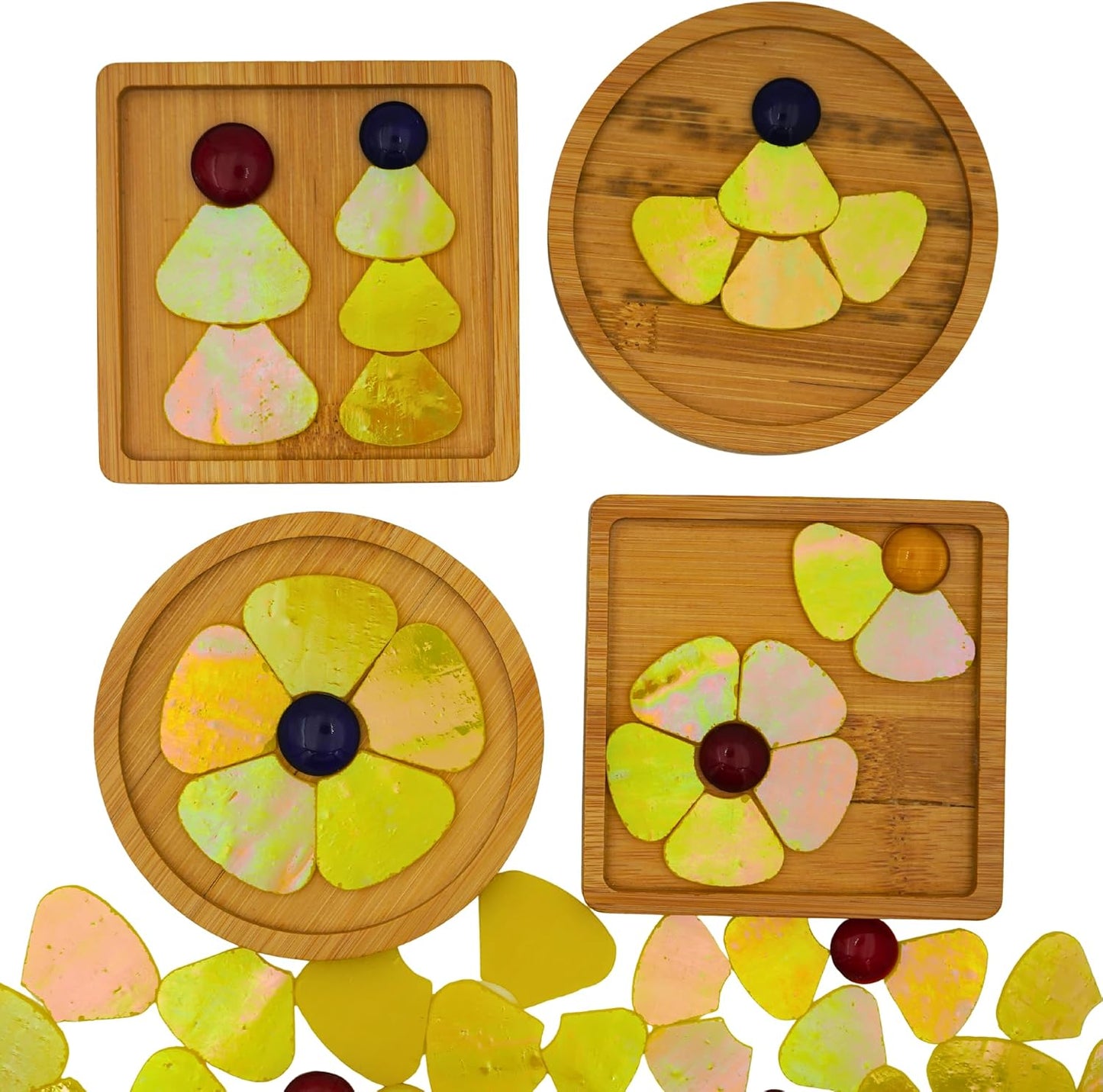 Iridescent Flower Mosaic Tiles – 12pcs Mixed Sizes, 5-Petal Iridescent Mica Flowers with Center Beads for DIY Mosaic Art, Fairy Garden, Home Craft, Outdoor Decor (Iridescent Yellow)