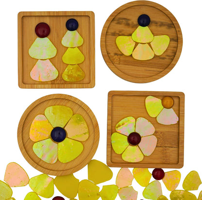 Iridescent Flower Mosaic Tiles – 12pcs Mixed Sizes, 5-Petal Iridescent Mica Flowers with Center Beads for DIY Mosaic Art, Fairy Garden, Home Craft, Outdoor Decor (Iridescent Yellow)