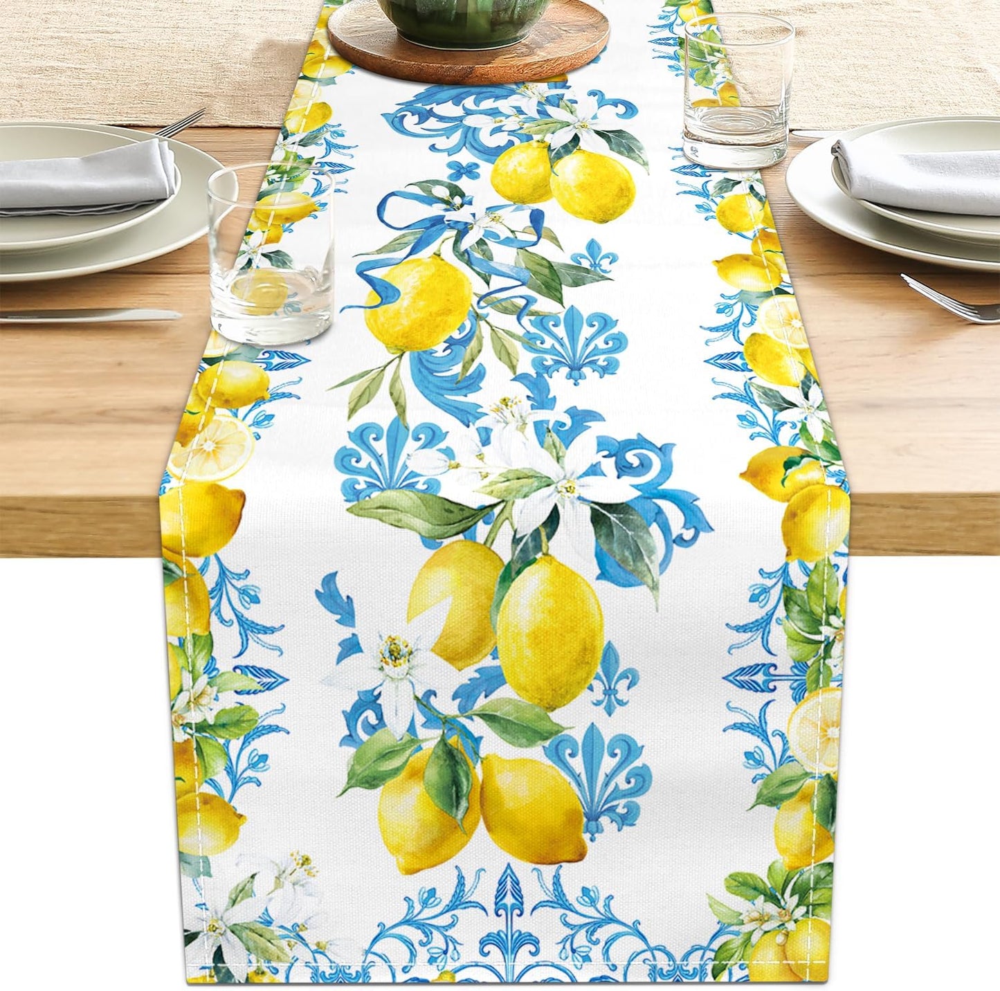 Blue Lemon Table Runner 13x36 Inch Summer Table Runners Yellow Lemon Table Decorations Rustic Coffee Table Runner for Home Kitchen Dining Room Party (13"x36", Yellow Lemon)