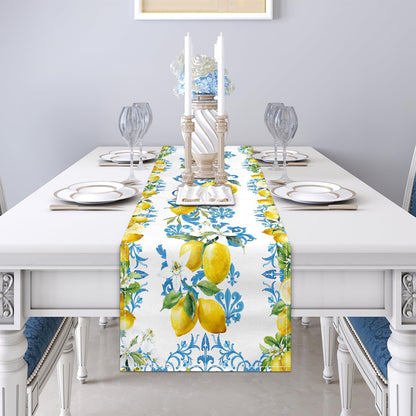 Blue Lemon Table Runner 13x36 Inch Summer Table Runners Yellow Lemon Table Decorations Rustic Coffee Table Runner for Home Kitchen Dining Room Party (13"x36", Yellow Lemon)