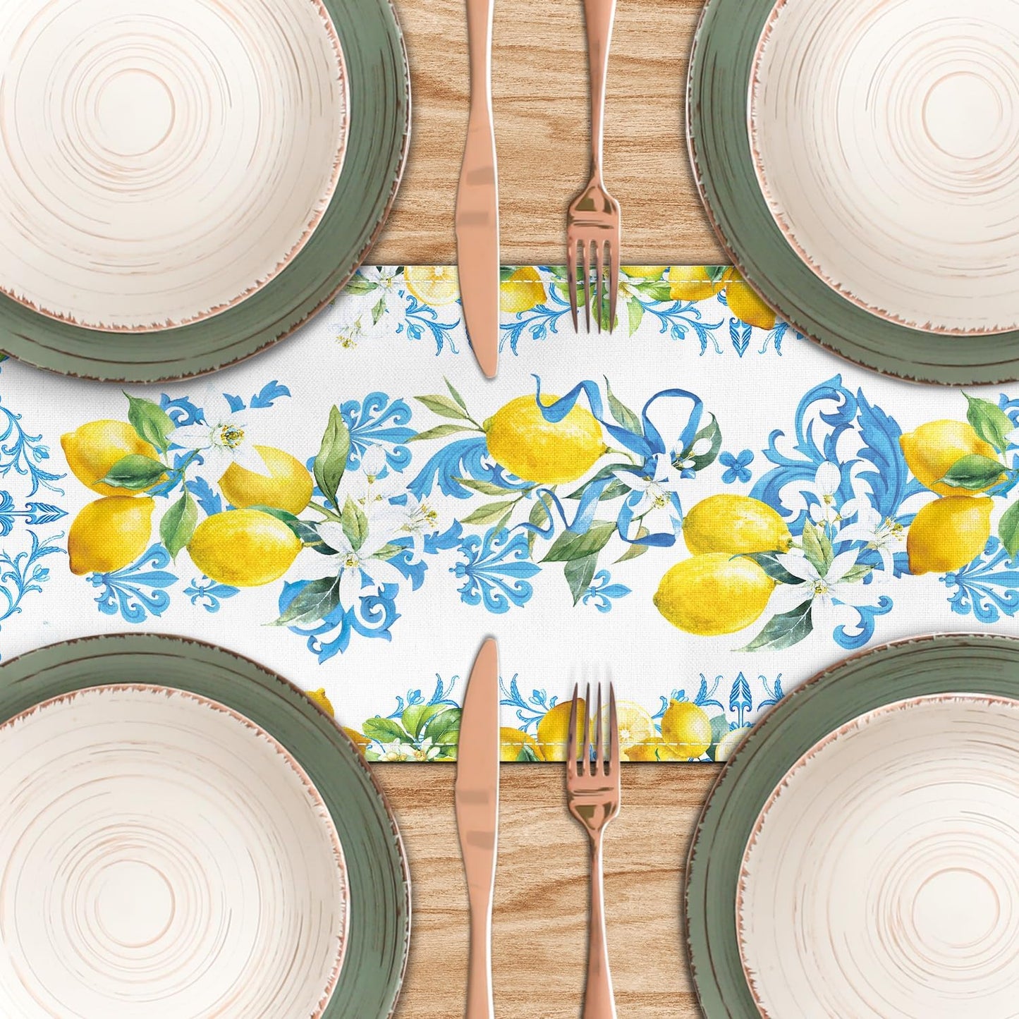 Blue Lemon Table Runner 13x36 Inch Summer Table Runners Yellow Lemon Table Decorations Rustic Coffee Table Runner for Home Kitchen Dining Room Party (13"x36", Yellow Lemon)