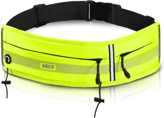 Running Belt for Women & Men, Fanny Pack with Marathon Bib Clip, Neon | Slim Adjustable Phone Holder Pouch; Reflective Waist Packs for Running Essentials; Waterproof Zipper Pockets