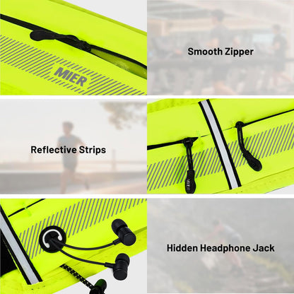 Running Belt for Women & Men, Fanny Pack with Marathon Bib Clip, Neon | Slim Adjustable Phone Holder Pouch; Reflective Waist Packs for Running Essentials; Waterproof Zipper Pockets
