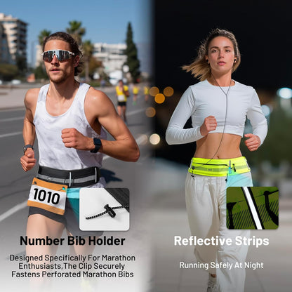 Running Belt for Women & Men, Fanny Pack with Marathon Bib Clip, Neon | Slim Adjustable Phone Holder Pouch; Reflective Waist Packs for Running Essentials; Waterproof Zipper Pockets