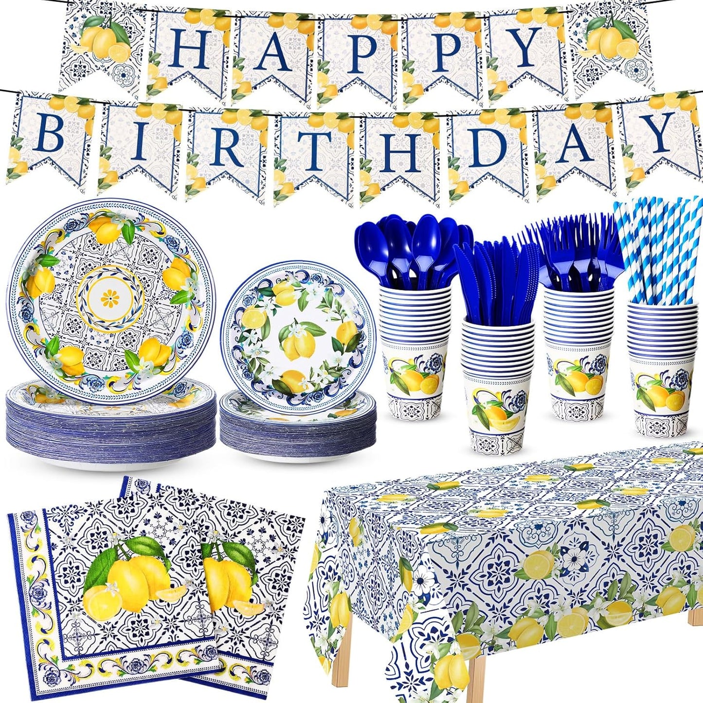 194 Pcs Capri Lemon Birthday Party Decoration for 24, Amalfi Coast Lemon Paper Plates Napkins Cups Tablecloth Cutlery Banner Tableware Set for Italian Summer Mediterranean Party Supplies