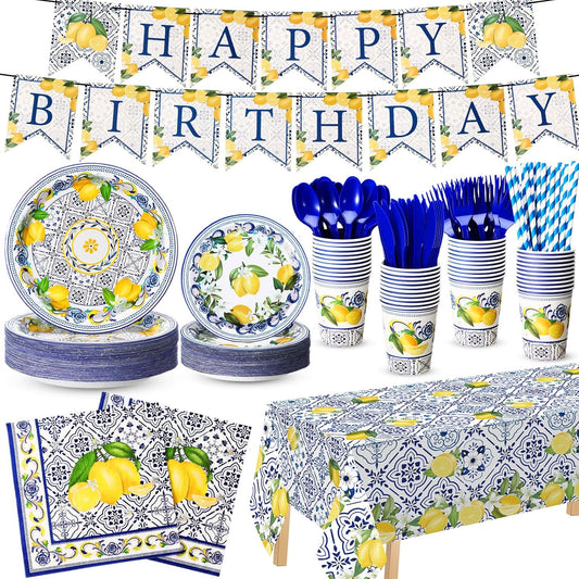 194 Pcs Capri Lemon Birthday Party Decoration for 24, Amalfi Coast Lemon Paper Plates Napkins Cups Tablecloth Cutlery Banner Tableware Set for Italian Summer Mediterranean Party Supplies