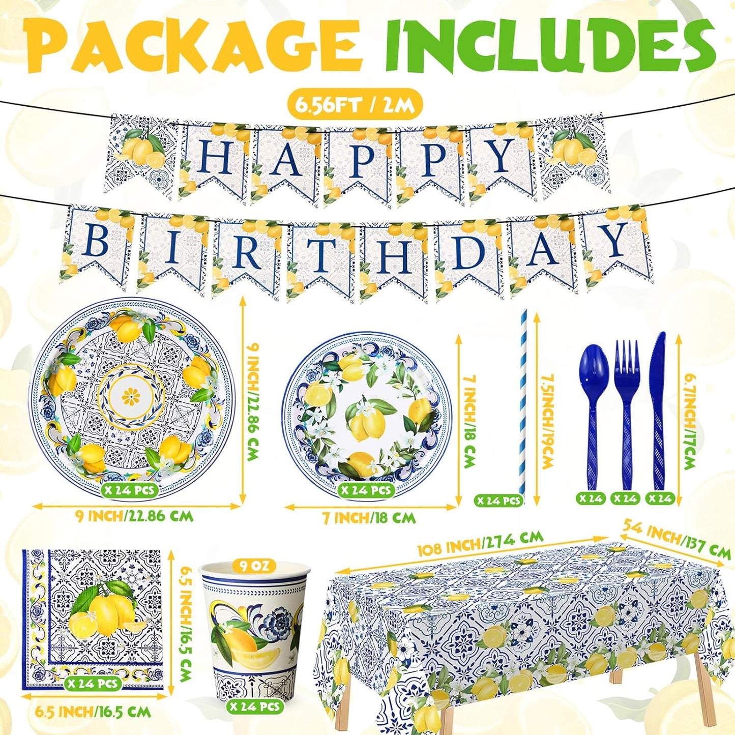194 Pcs Capri Lemon Birthday Party Decoration for 24, Amalfi Coast Lemon Paper Plates Napkins Cups Tablecloth Cutlery Banner Tableware Set for Italian Summer Mediterranean Party Supplies