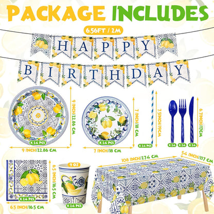 194 Pcs Capri Lemon Birthday Party Decoration for 24, Amalfi Coast Lemon Paper Plates Napkins Cups Tablecloth Cutlery Banner Tableware Set for Italian Summer Mediterranean Party Supplies