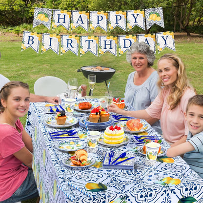 194 Pcs Capri Lemon Birthday Party Decoration for 24, Amalfi Coast Lemon Paper Plates Napkins Cups Tablecloth Cutlery Banner Tableware Set for Italian Summer Mediterranean Party Supplies