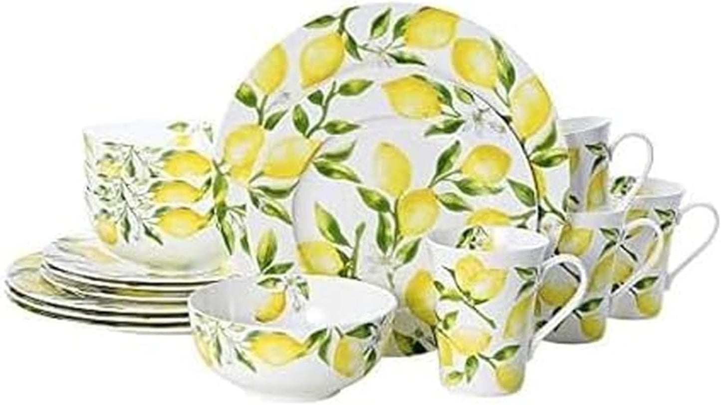 Lemons 16-Piece Bone China Dinnerware Set, Service for 4, Includes Dinner Plates, Salad Plates, Cereal Bowls and Mugs, Dishwasher and Microwave Safe