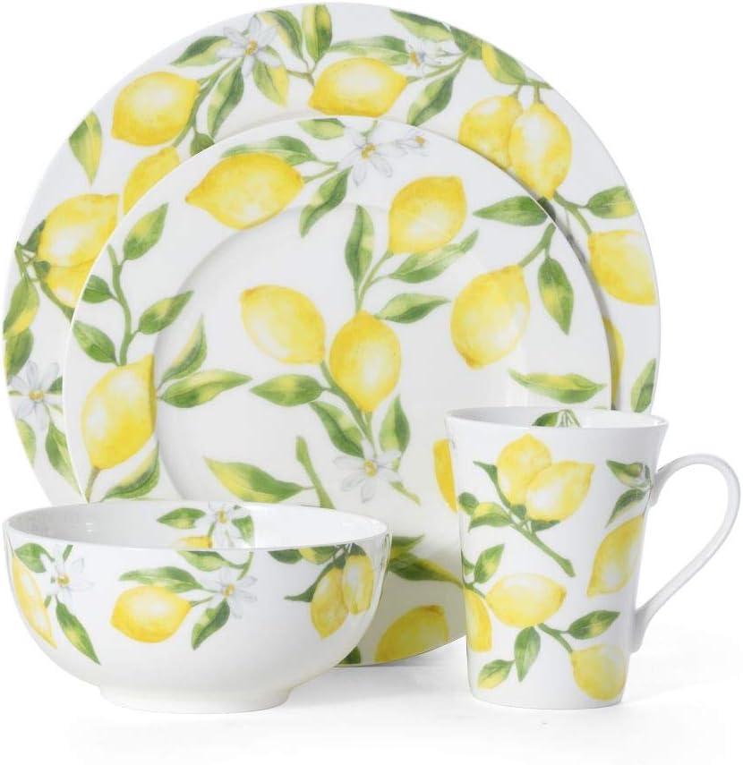 Lemons 16-Piece Bone China Dinnerware Set, Service for 4, Includes Dinner Plates, Salad Plates, Cereal Bowls and Mugs, Dishwasher and Microwave Safe