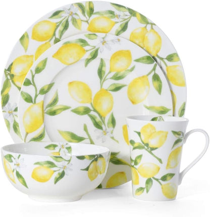 Lemons 16-Piece Bone China Dinnerware Set, Service for 4, Includes Dinner Plates, Salad Plates, Cereal Bowls and Mugs, Dishwasher and Microwave Safe