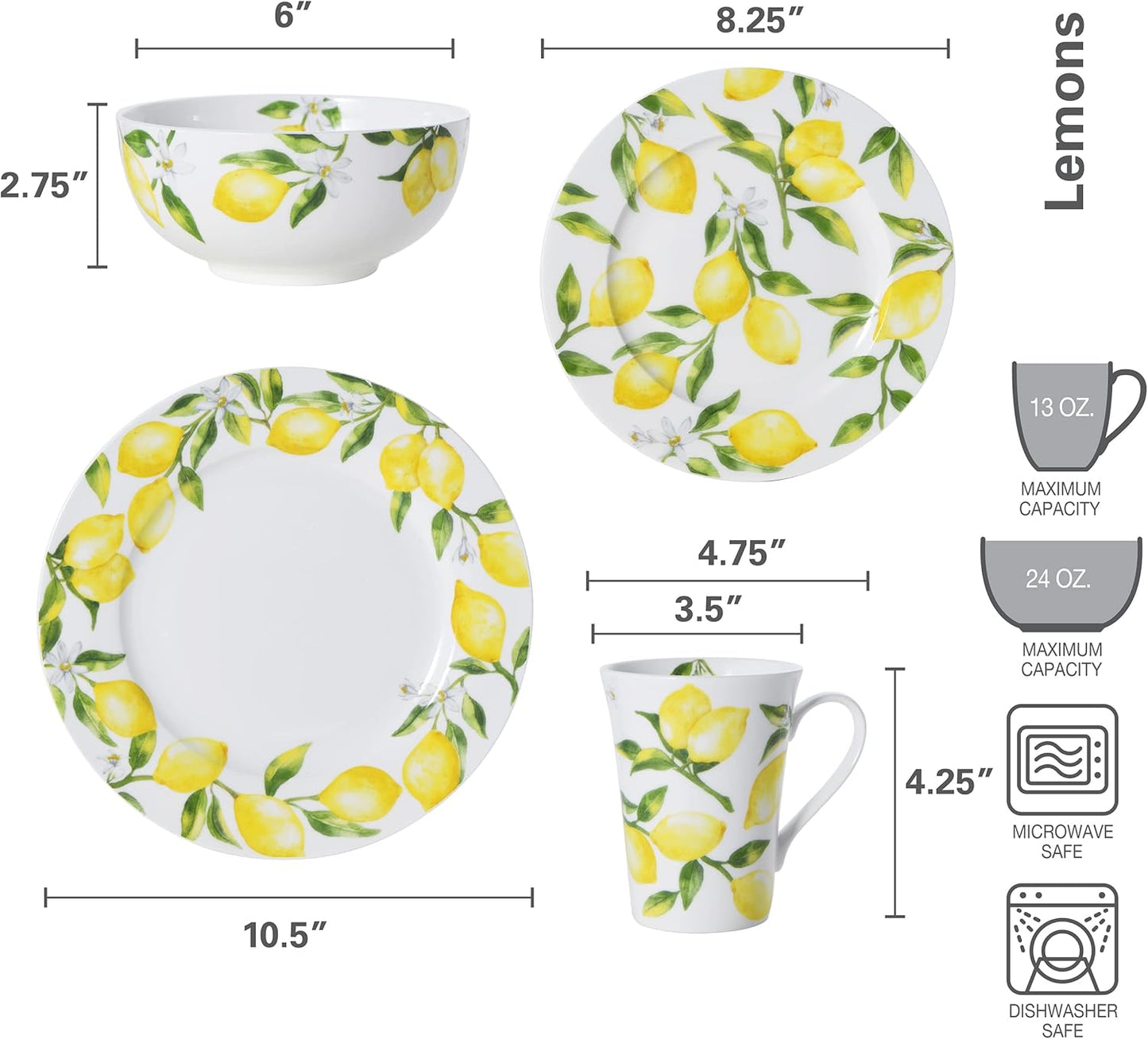 Lemons 16-Piece Bone China Dinnerware Set, Service for 4, Includes Dinner Plates, Salad Plates, Cereal Bowls and Mugs, Dishwasher and Microwave Safe