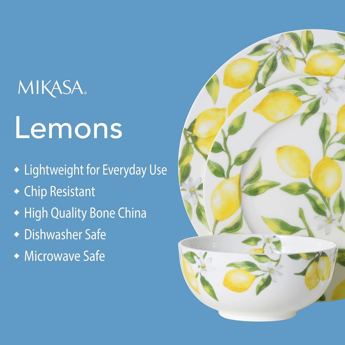 Lemons 16-Piece Bone China Dinnerware Set, Service for 4, Includes Dinner Plates, Salad Plates, Cereal Bowls and Mugs, Dishwasher and Microwave Safe