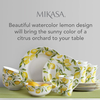 Lemons 16-Piece Bone China Dinnerware Set, Service for 4, Includes Dinner Plates, Salad Plates, Cereal Bowls and Mugs, Dishwasher and Microwave Safe