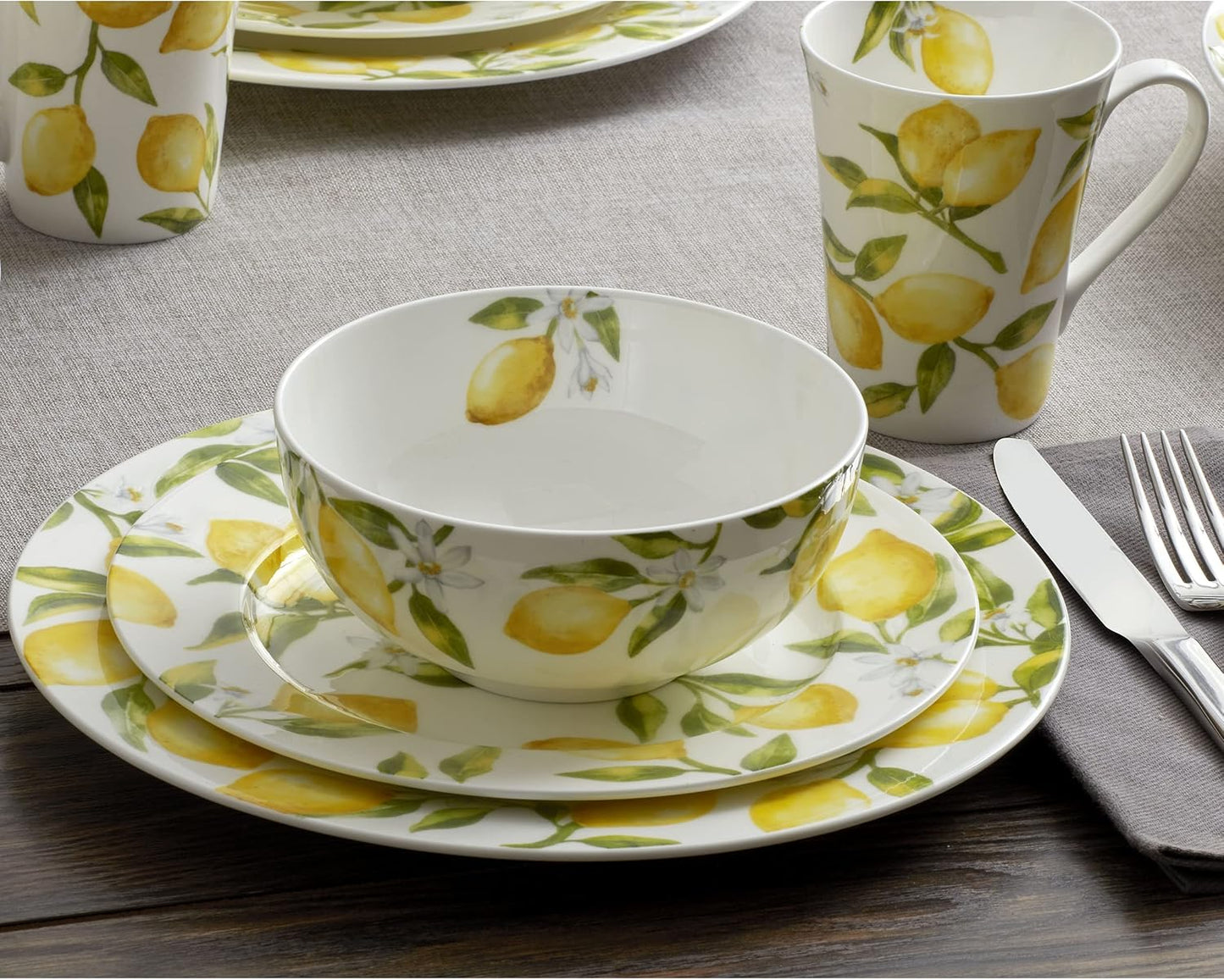 Lemons 16-Piece Bone China Dinnerware Set, Service for 4, Includes Dinner Plates, Salad Plates, Cereal Bowls and Mugs, Dishwasher and Microwave Safe