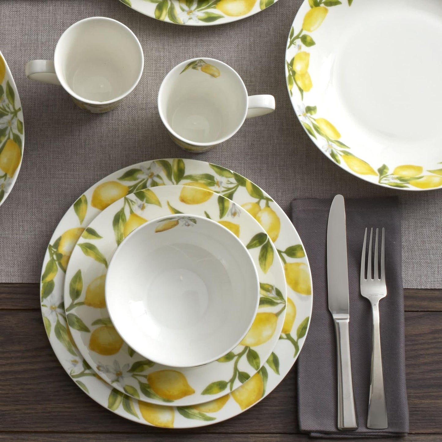 Lemons 16-Piece Bone China Dinnerware Set, Service for 4, Includes Dinner Plates, Salad Plates, Cereal Bowls and Mugs, Dishwasher and Microwave Safe