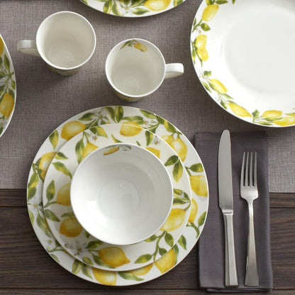 Lemons 16-Piece Bone China Dinnerware Set, Service for 4, Includes Dinner Plates, Salad Plates, Cereal Bowls and Mugs, Dishwasher and Microwave Safe
