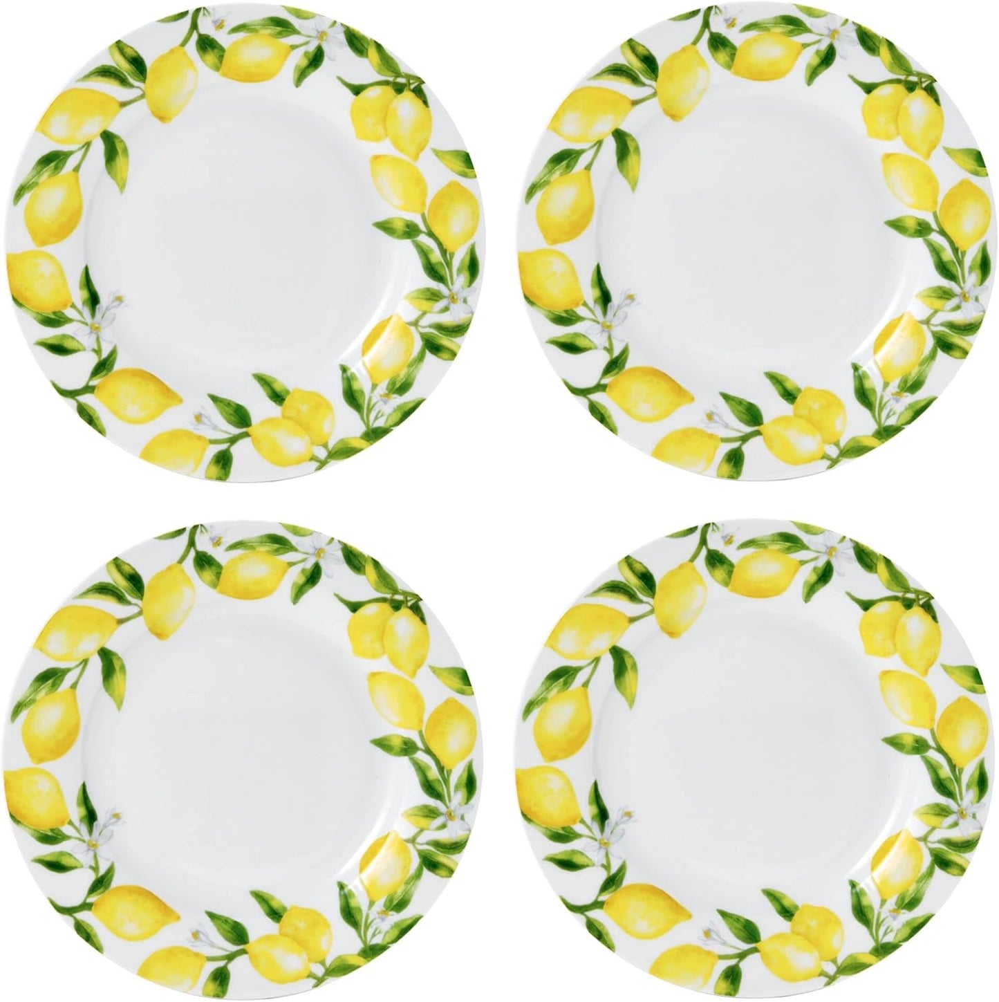 Lemons 16-Piece Bone China Dinnerware Set, Service for 4, Includes Dinner Plates, Salad Plates, Cereal Bowls and Mugs, Dishwasher and Microwave Safe