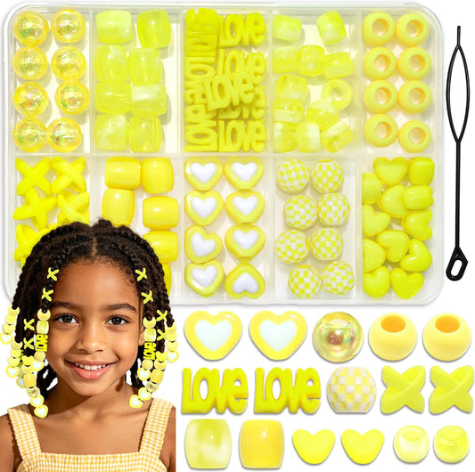 88PCS Yellow Hair Beads Box Braids Beads Accessories for Kids Girls | 10 Styles Hair Beads for Braids Heart Beads for Hair AB Color Pony Beads Cute Dreadlock Beads Lovely Braids Accessories