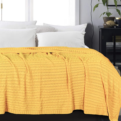 Cotton Cable Kint Throw Blanket for Couch - Super Soft Cozy Blankets, Warm 51x67 Knitted Throw Blanket for Couch, Sofa, Chair, Bed, Yellow