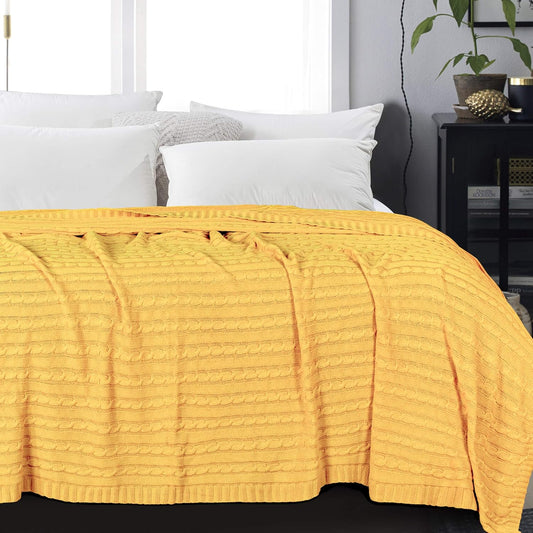 Cotton Cable Kint Throw Blanket for Couch - Super Soft Cozy Blankets, Warm 51x67 Knitted Throw Blanket for Couch, Sofa, Chair, Bed, Yellow
