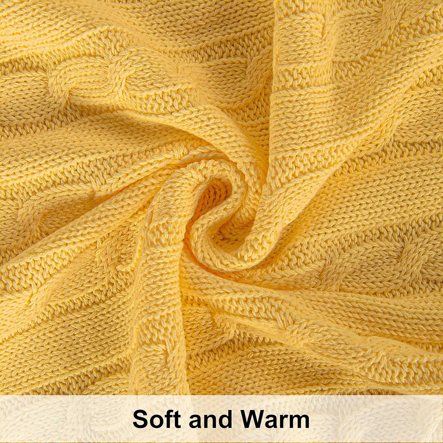 Cotton Cable Kint Throw Blanket for Couch - Super Soft Cozy Blankets, Warm 51x67 Knitted Throw Blanket for Couch, Sofa, Chair, Bed, Yellow