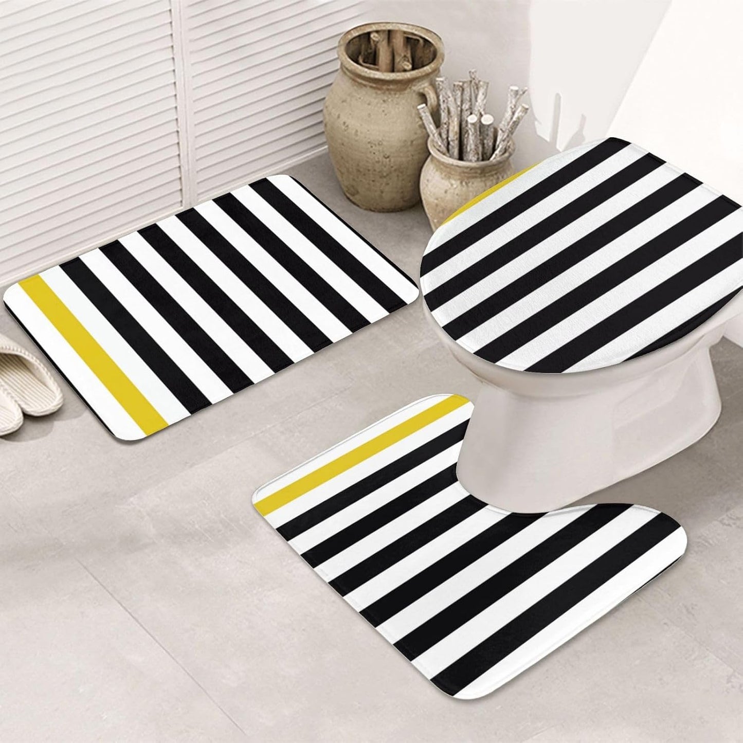 3 Pieces Bath Rug Set, Black White & Yellow Stripe Bathroom Mat Set Non Slip & Absorbent Bath Carpet, U Shaped Contour Rug & Toilet Lid Cover