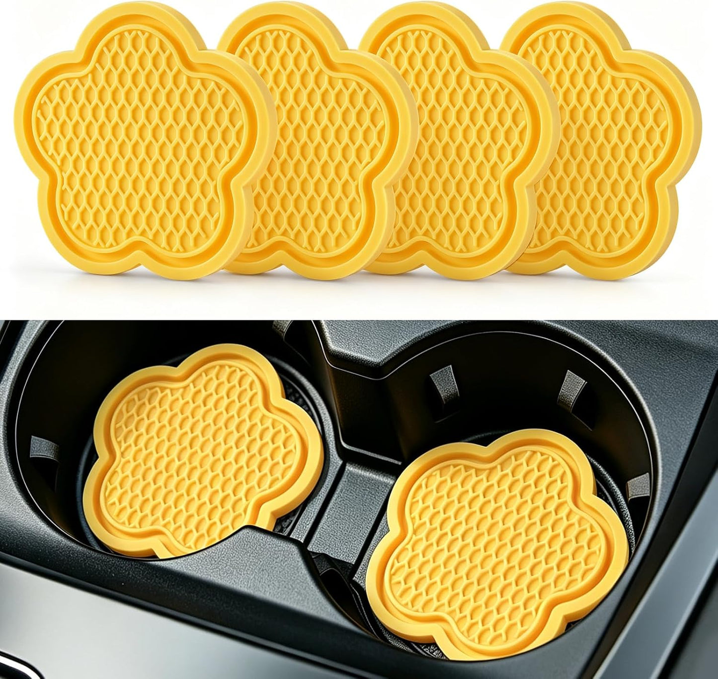 Car Cup Holder Coaster, Universal Non-Slip Recessed Flower Shaped Cup Holders, Cute Car Accessories Interior for Women and Man Interior Sets 4 Pack (Yellow)