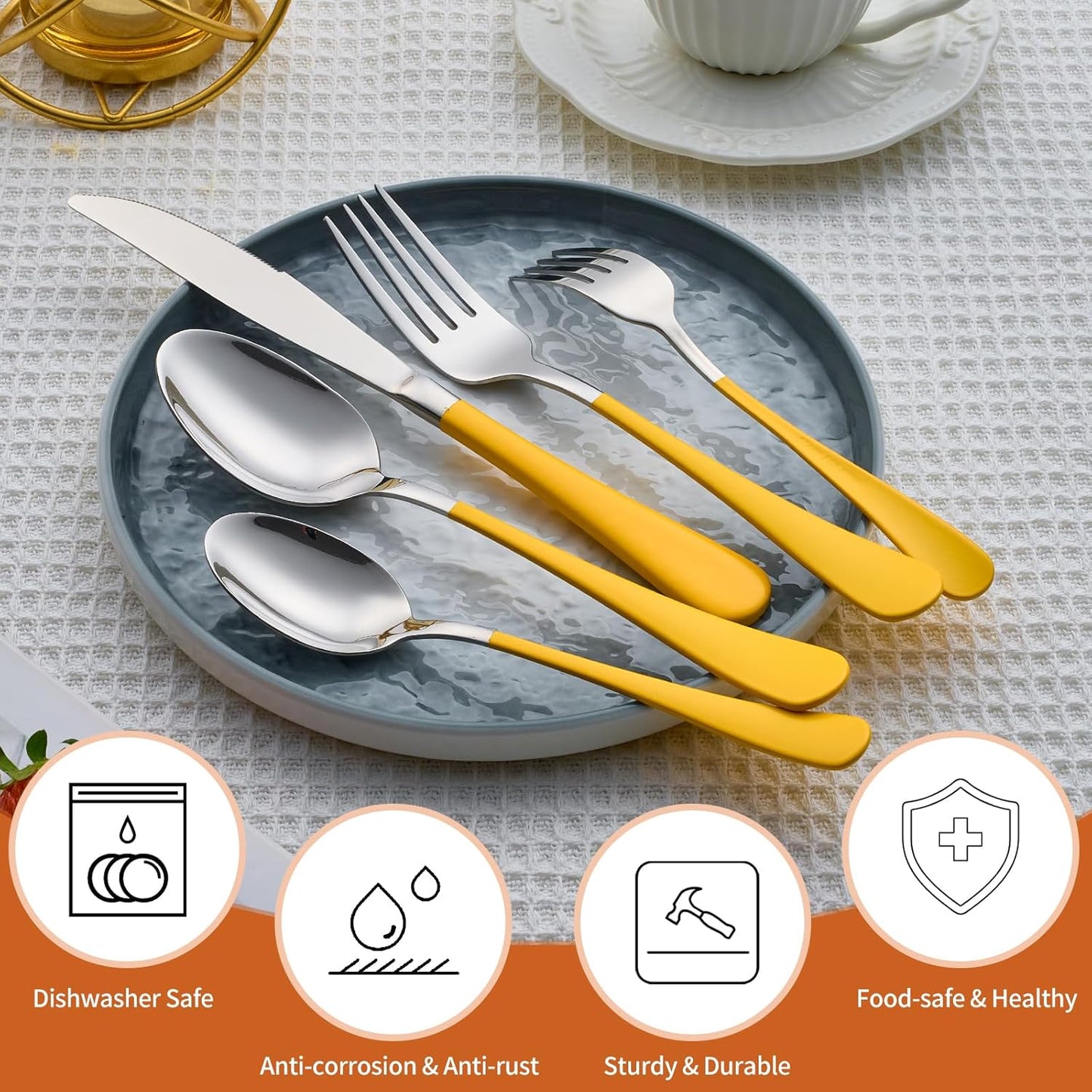 20 Piece Yellow 18/0 Flatware Utensil Set for 4, Include Dinner Knife,Dinner Forks,Dinner Spoons,Salad Forks,Teaspoons,Silverware Set for 4, Dishwasher Safe